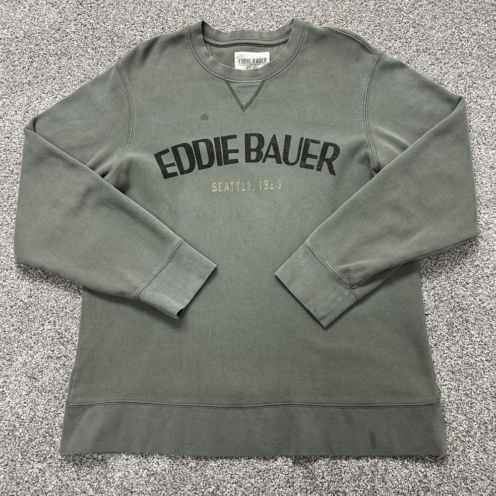 Eddie Bauer Sweatshirt Mens XL Green Fleece Pullover Seattle 1920 Logo Crewneck